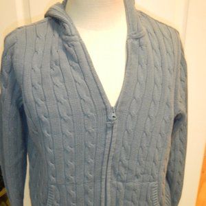 Steel Blue hooded, cable sweater, zip front
